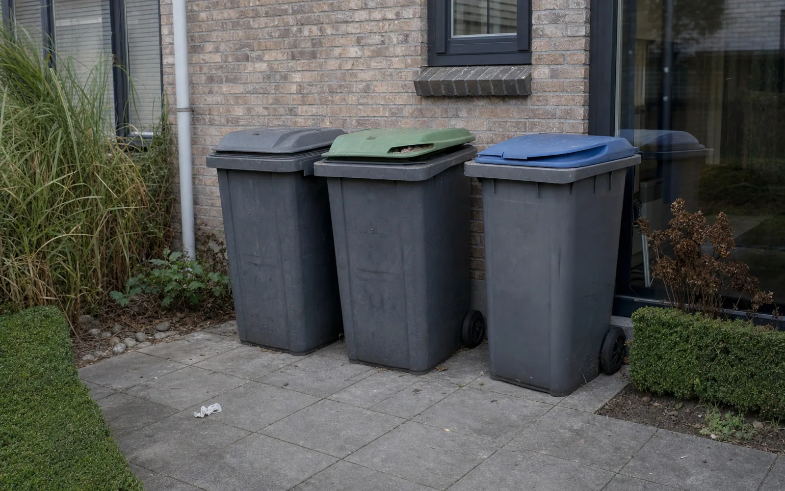 Voortuin met drie losse, vieze kliko’s met grijs, groen en blauw deksel tegen de gevel