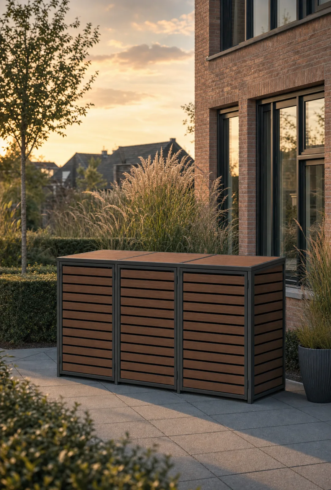 HAVN Linea kliko-ombouw in walnoot voor drie containers in een moderne voortuin bij zonsondergang